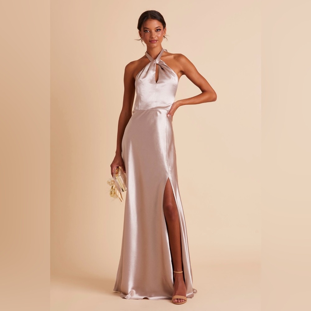 NWT Birdy Grey Monica medium taupe shiny satin halter bridesmaid dress prom gold